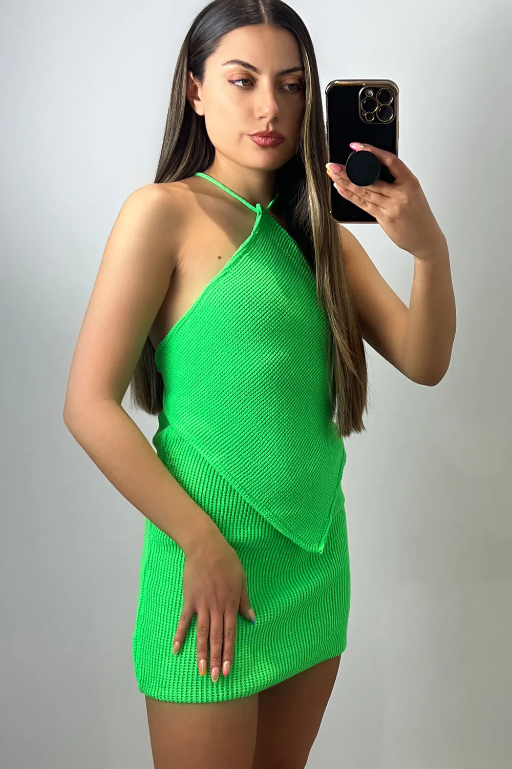 Ashley Neon Green Knit Tie Back Bandana Top and Skirt Co-Ord Set