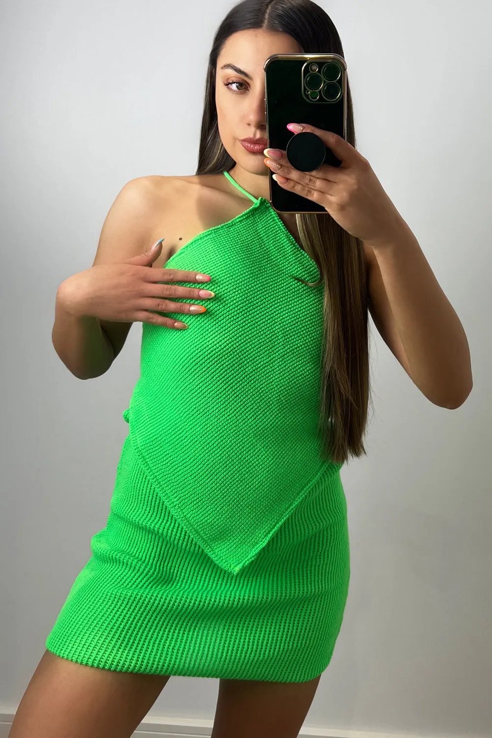 Ashley Neon Green Knit Tie Back Bandana Top and Skirt Co-Ord Set