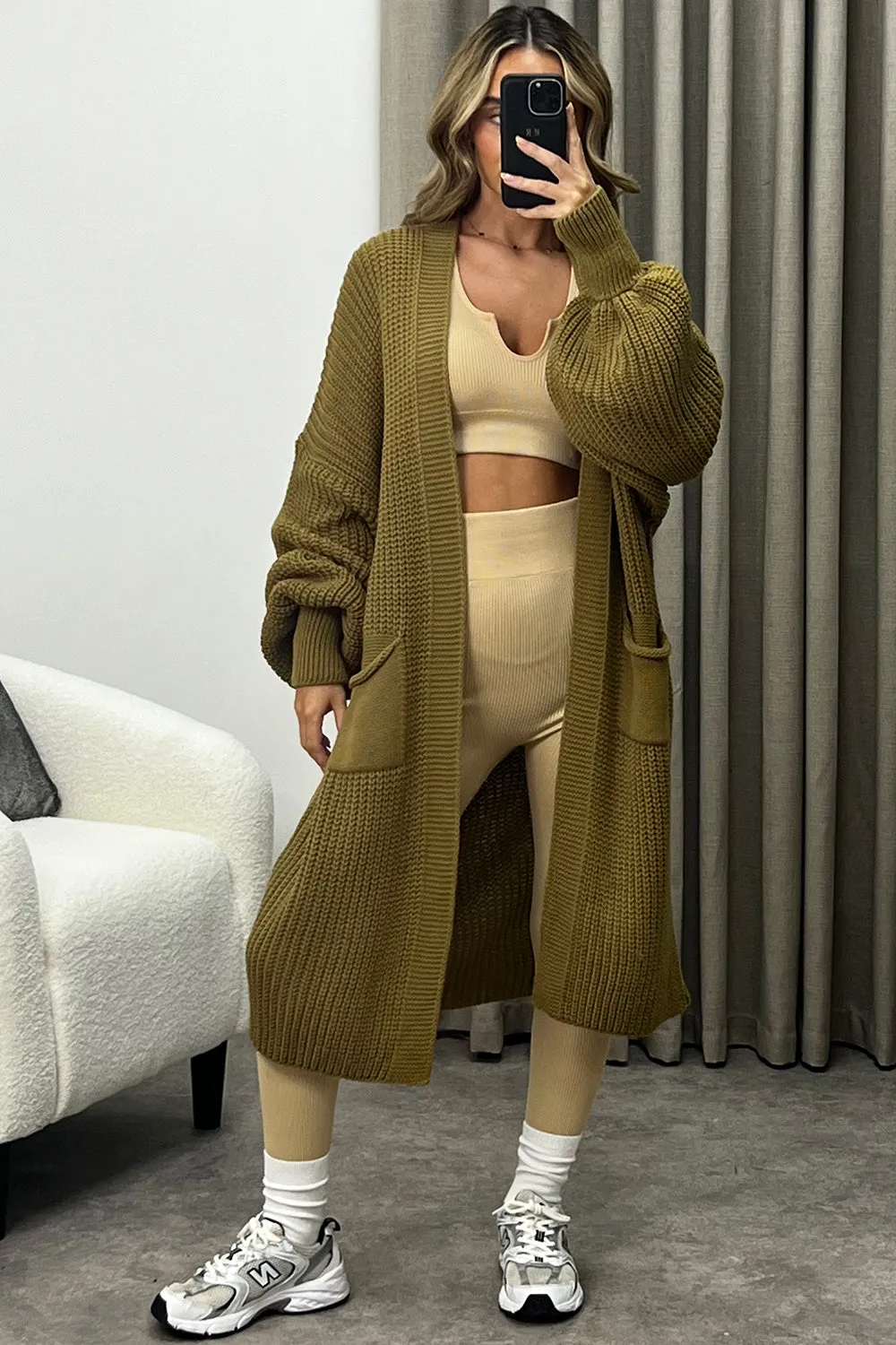 Averi Dark Beige Balloon Sleeve Longline Knitted Cardigan