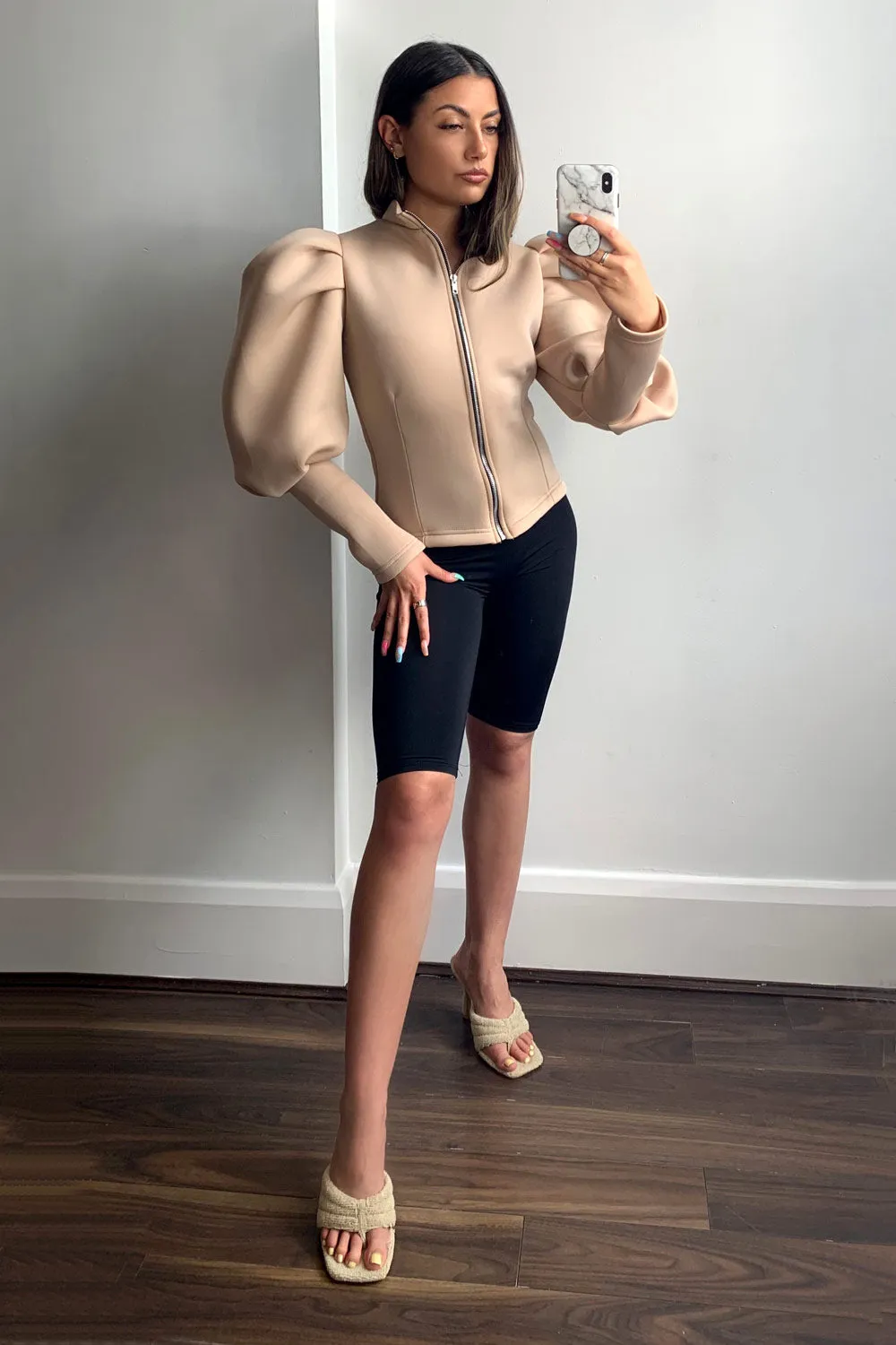 Beige Extreme Puff Sleeve Zip Up Scuba Jacket