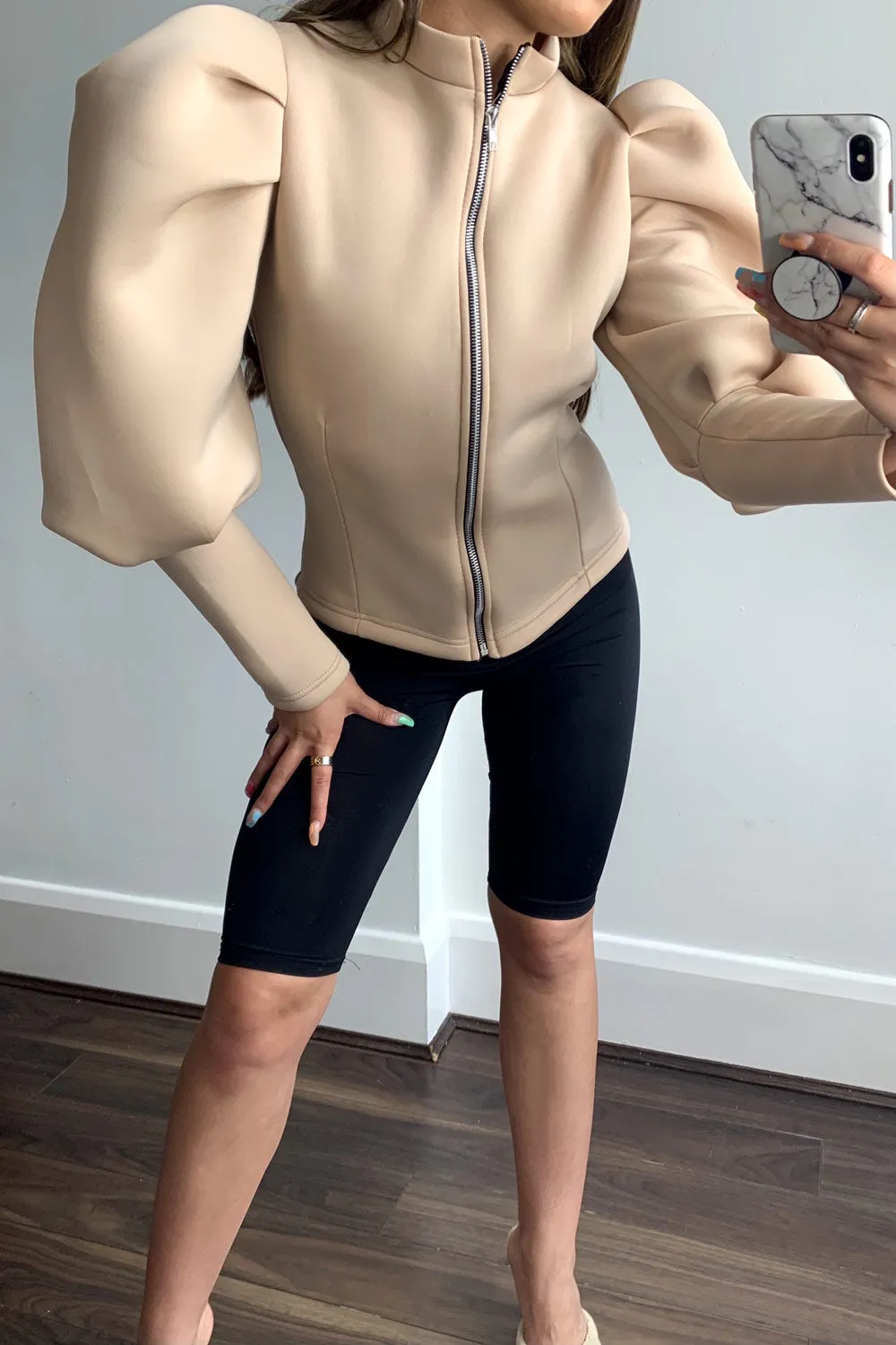 Beige Extreme Puff Sleeve Zip Up Scuba Jacket