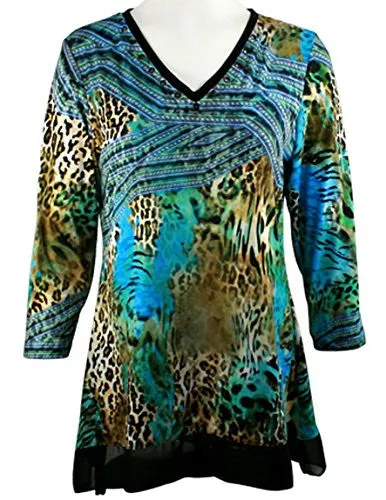 Boho Chic - Jungle Roads, 3/4 Sleeve Geometric Animal Print V-Neck Lace Hem Top