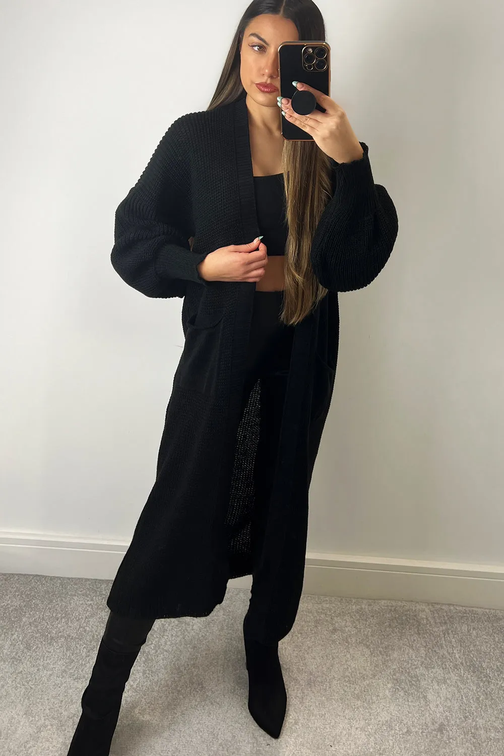 Bonnie Black Longline Open Front Knitted Cardigan