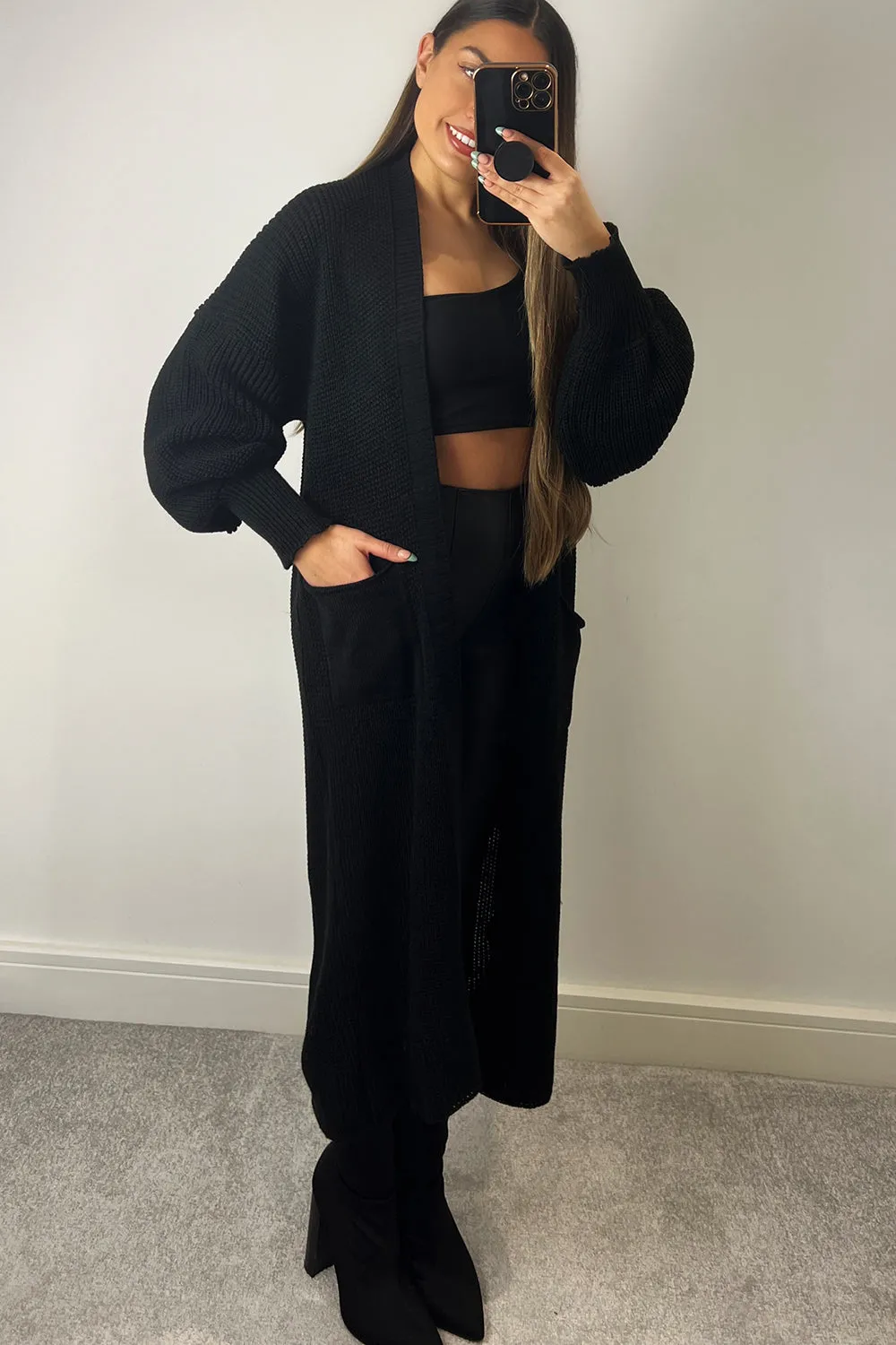 Bonnie Black Longline Open Front Knitted Cardigan