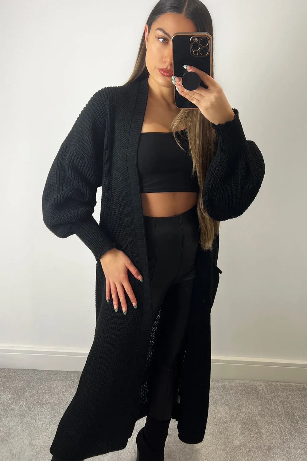 Bonnie Black Longline Open Front Knitted Cardigan