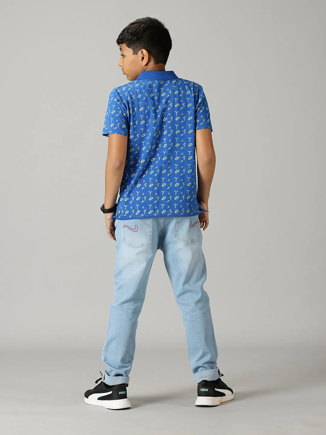 Boys AOP Polo Tee & Basic 5 Pocket Denim Pant Set