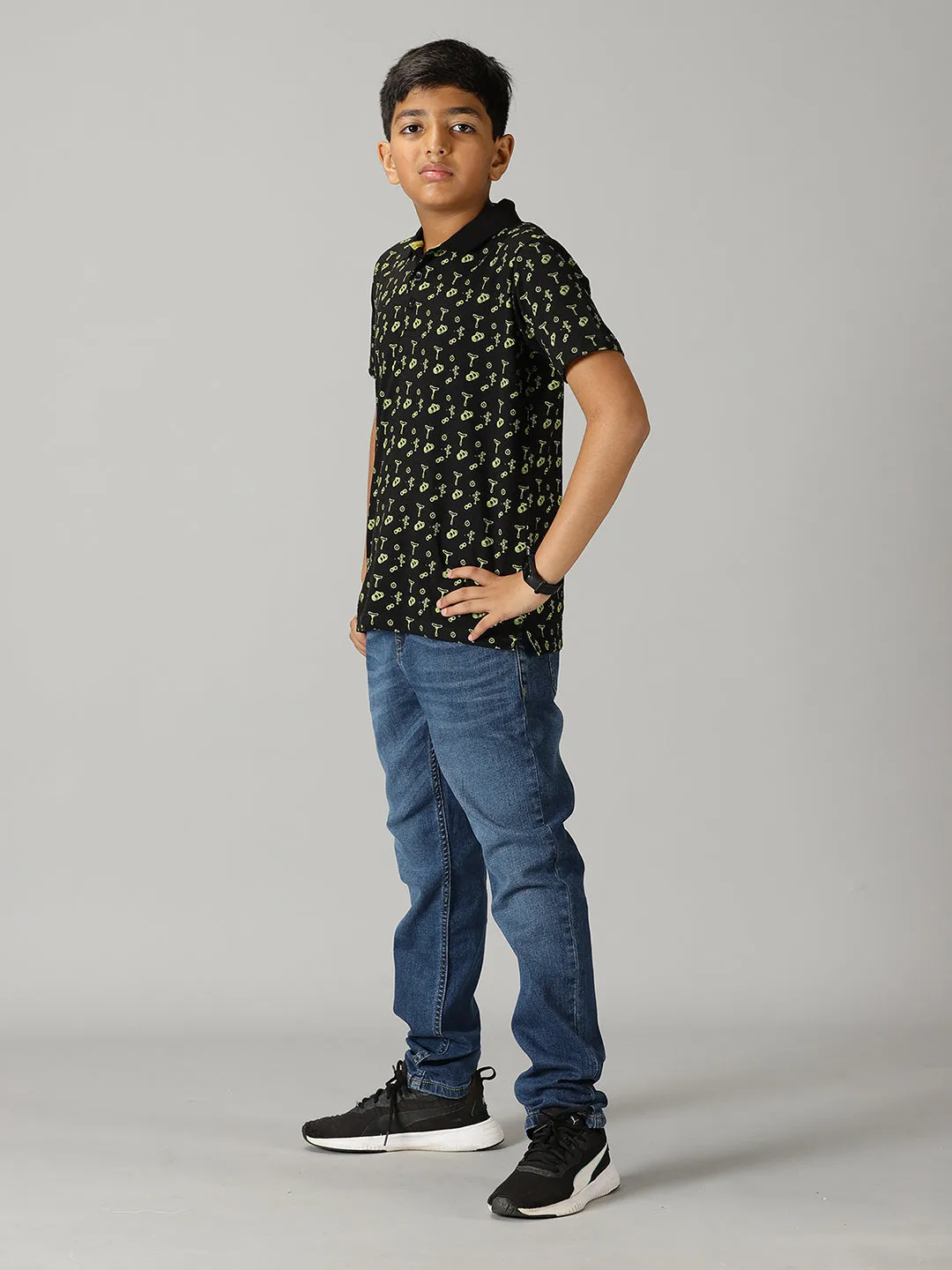 Boys AOP Polo Tee & Basic 5 Pocket Denim Pant Set