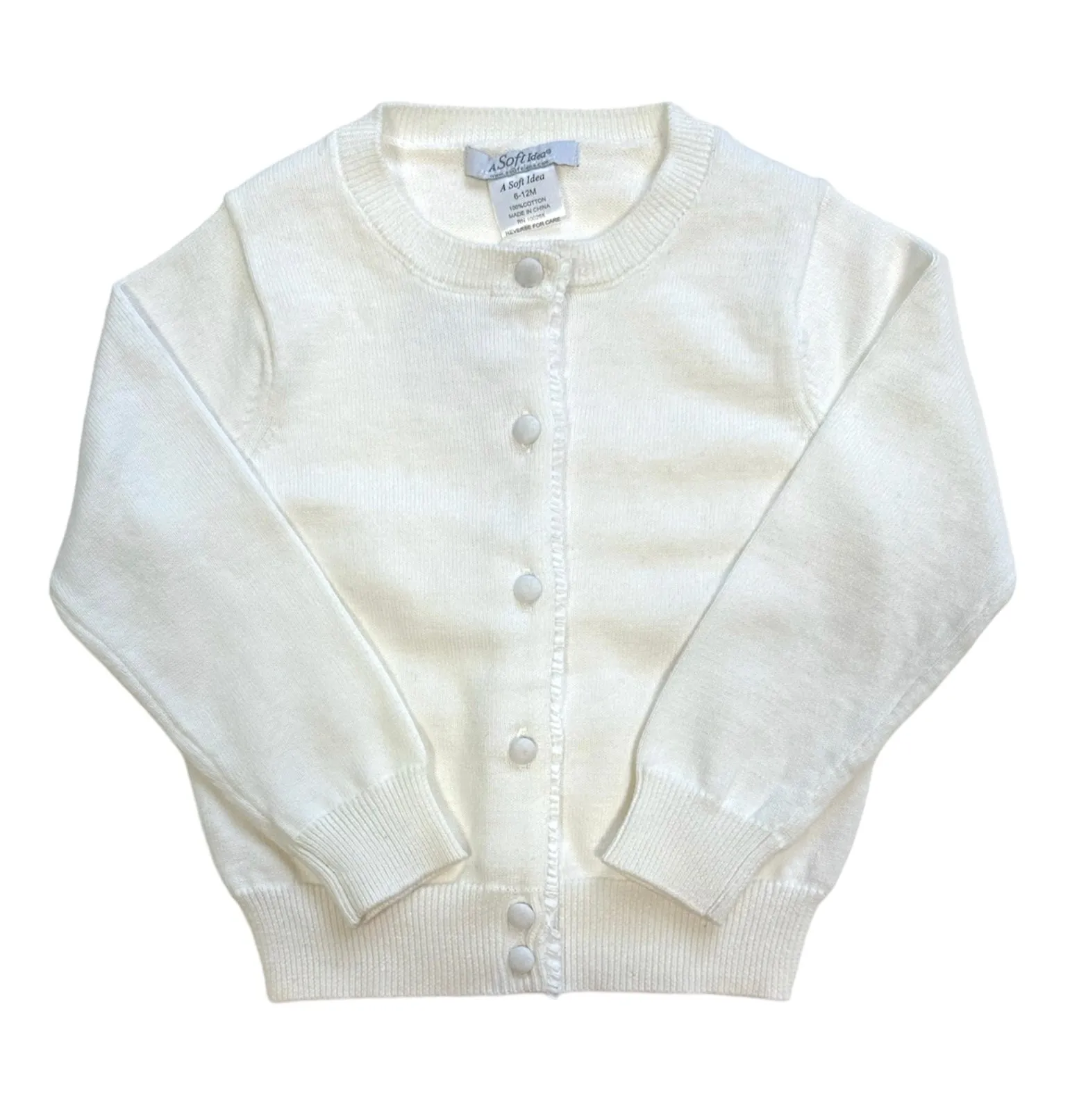 Cardigan with Ruffle Placket & Covered Buttons, 100% Cotton