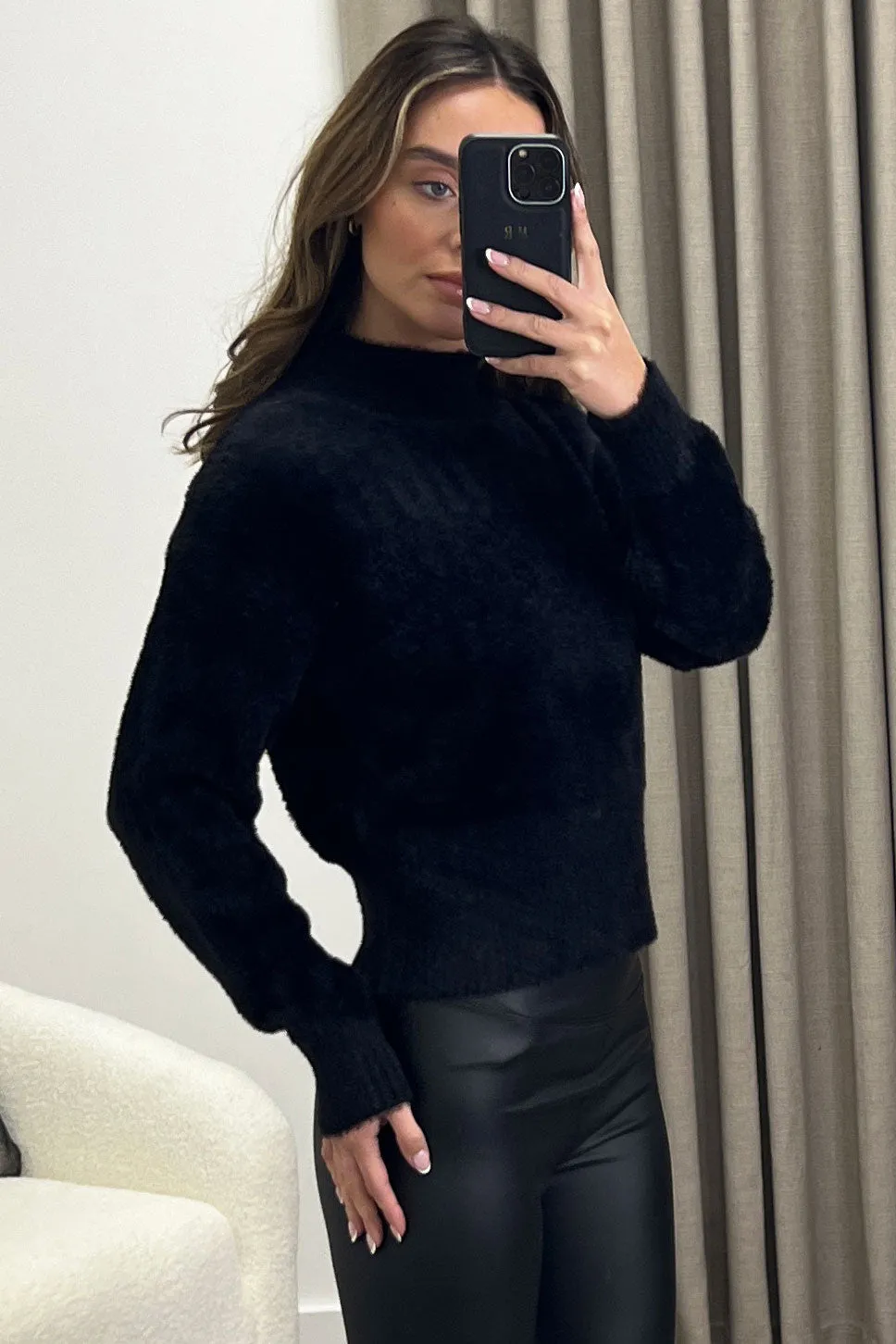 Carie Black Faux Fur High Neck Knit Jumper