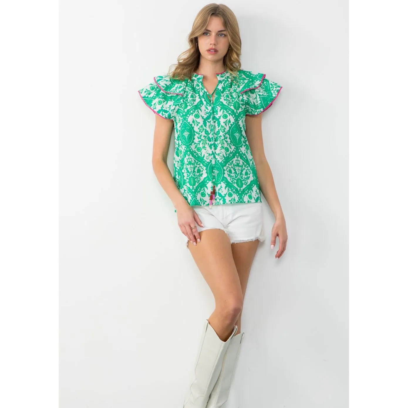 Clara Green Flutter Sleeve THML Top- SALE