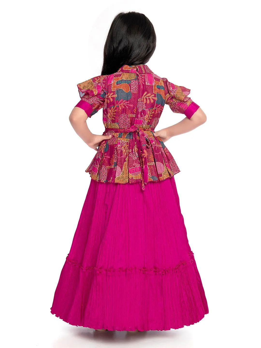 Collar Style Gown For Girls / Position Print Ethnic Gowns Online / Rani Coloured Floral Dress For Girls