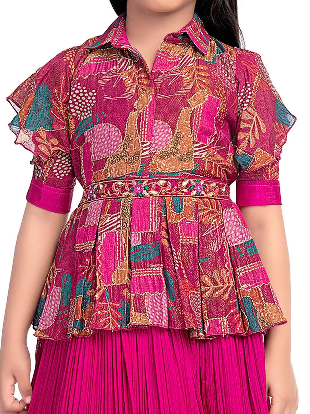 Collar Style Gown For Girls / Position Print Ethnic Gowns Online / Rani Coloured Floral Dress For Girls