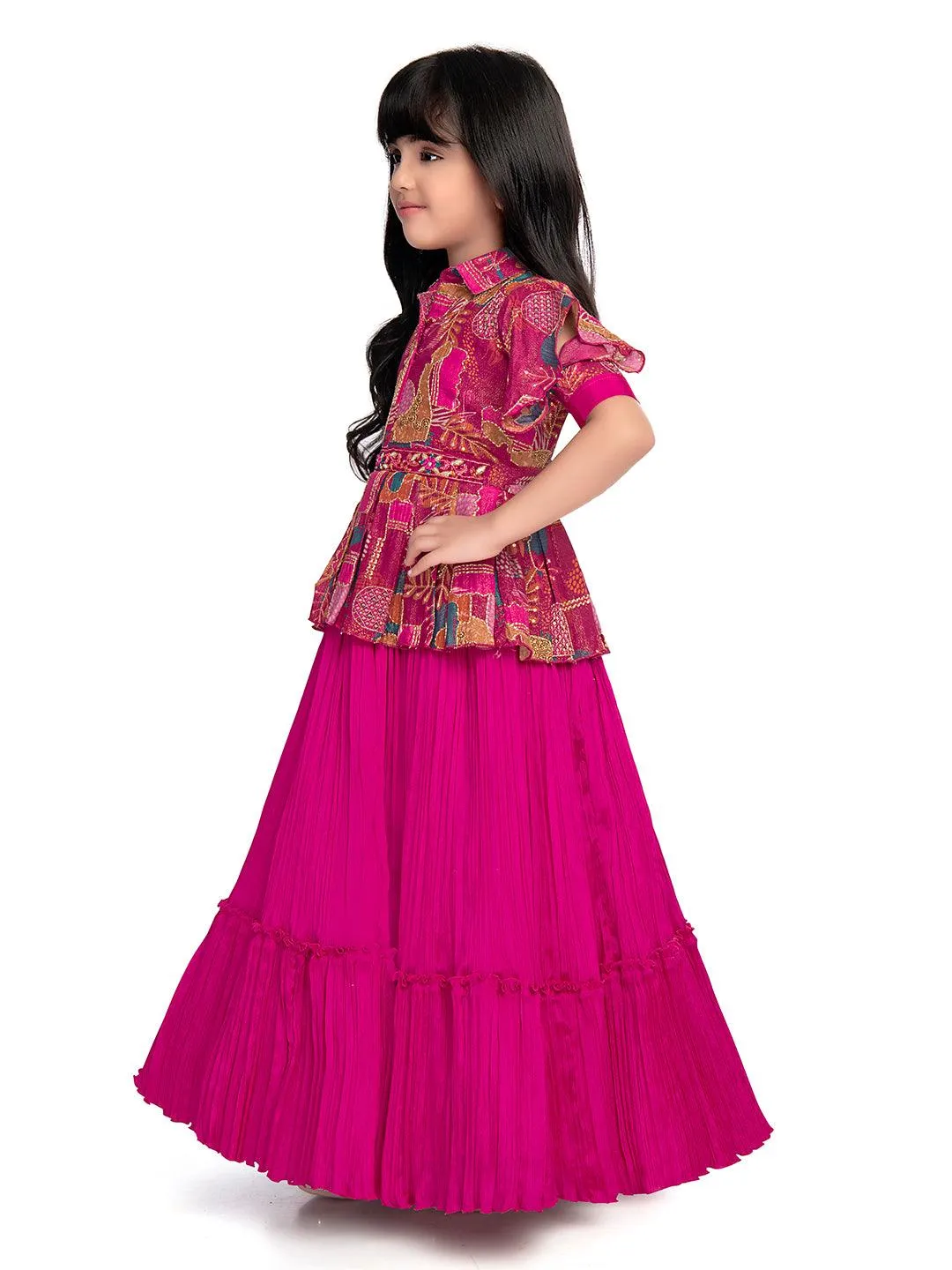 Collar Style Gown For Girls / Position Print Ethnic Gowns Online / Rani Coloured Floral Dress For Girls