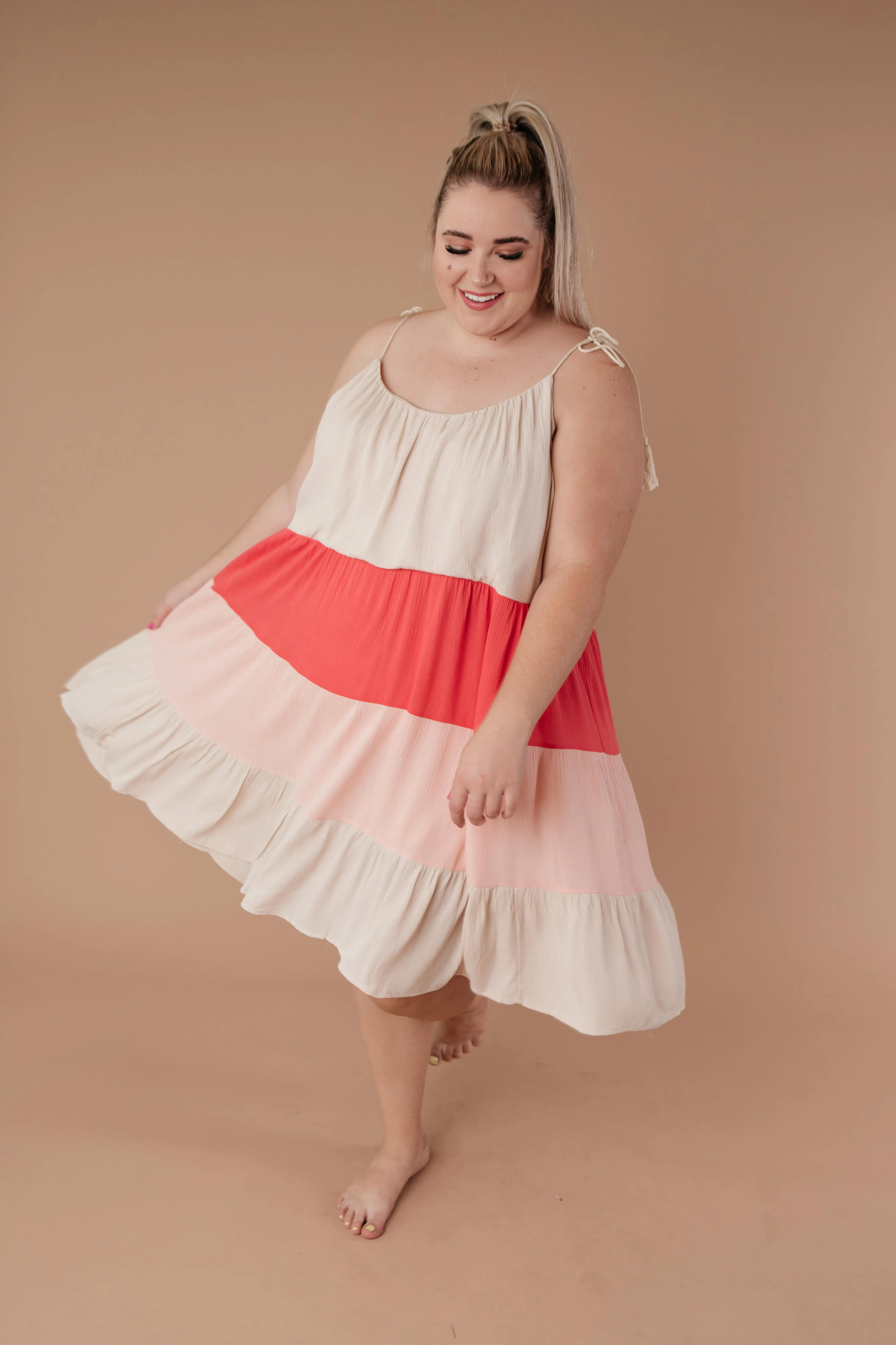 Color Block Ruffles Midi Dress In Pink - On Hand