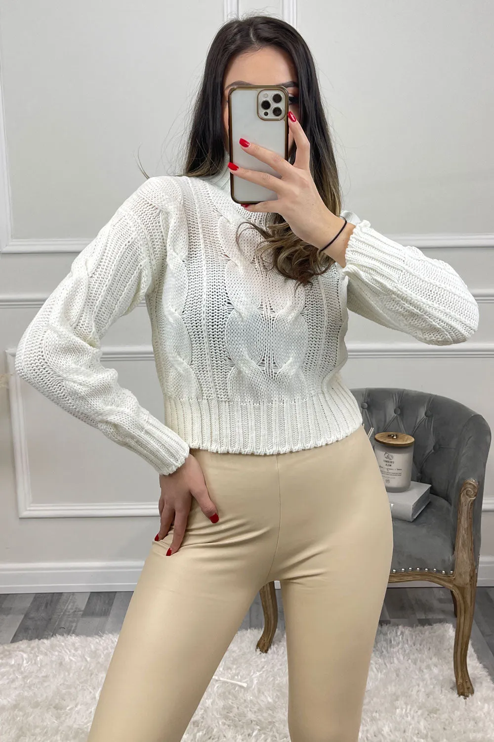 Connee White High Neck Cable Knit Cropped Jumper