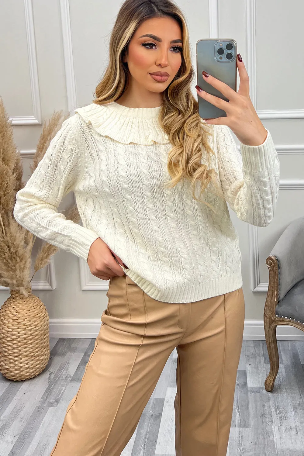 Connie Cream Frill Collar Cable Knit Jumper