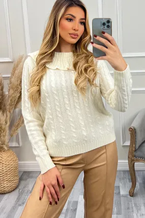 Connie Cream Frill Collar Cable Knit Jumper