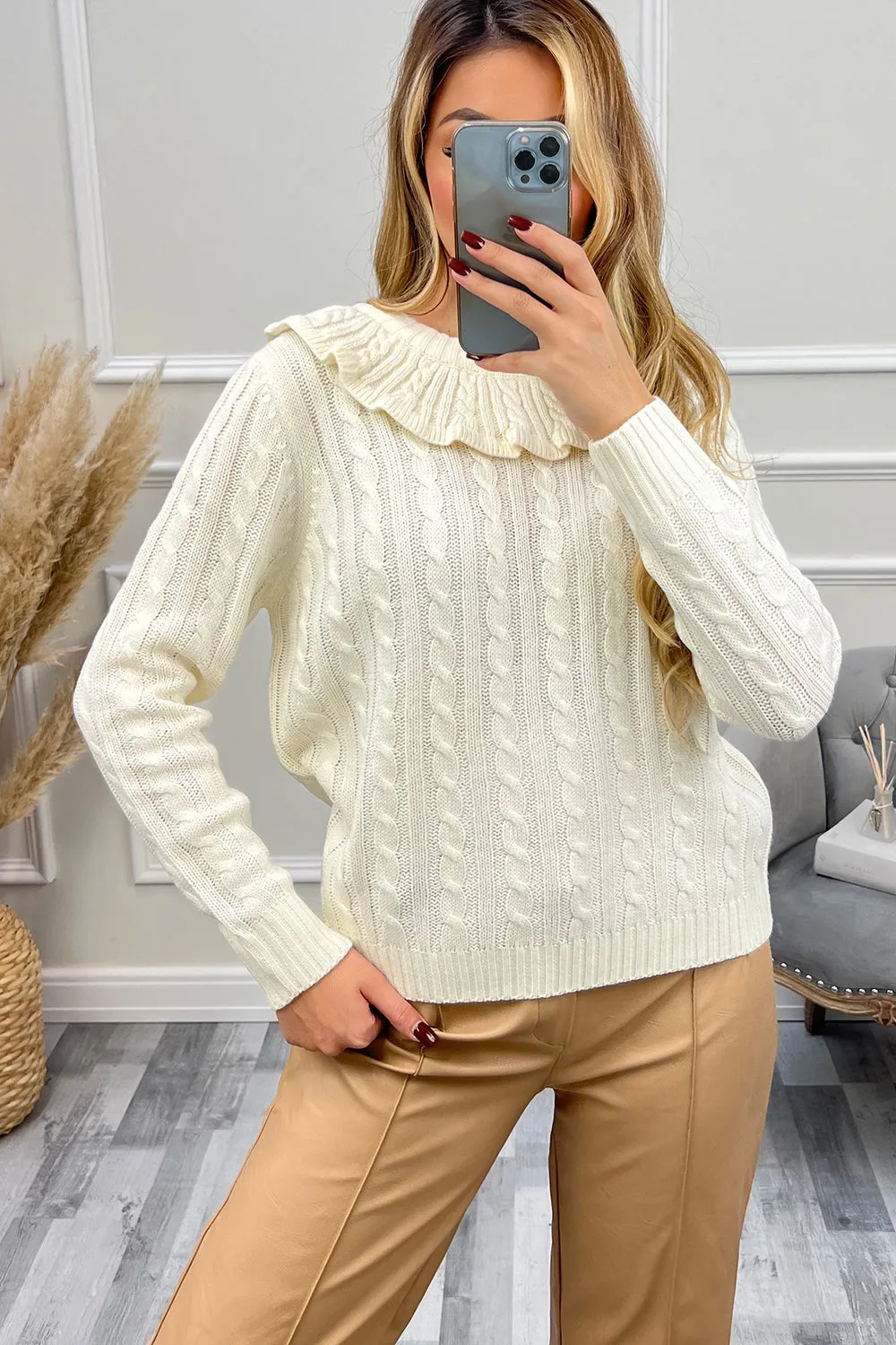 Connie Cream Frill Collar Cable Knit Jumper