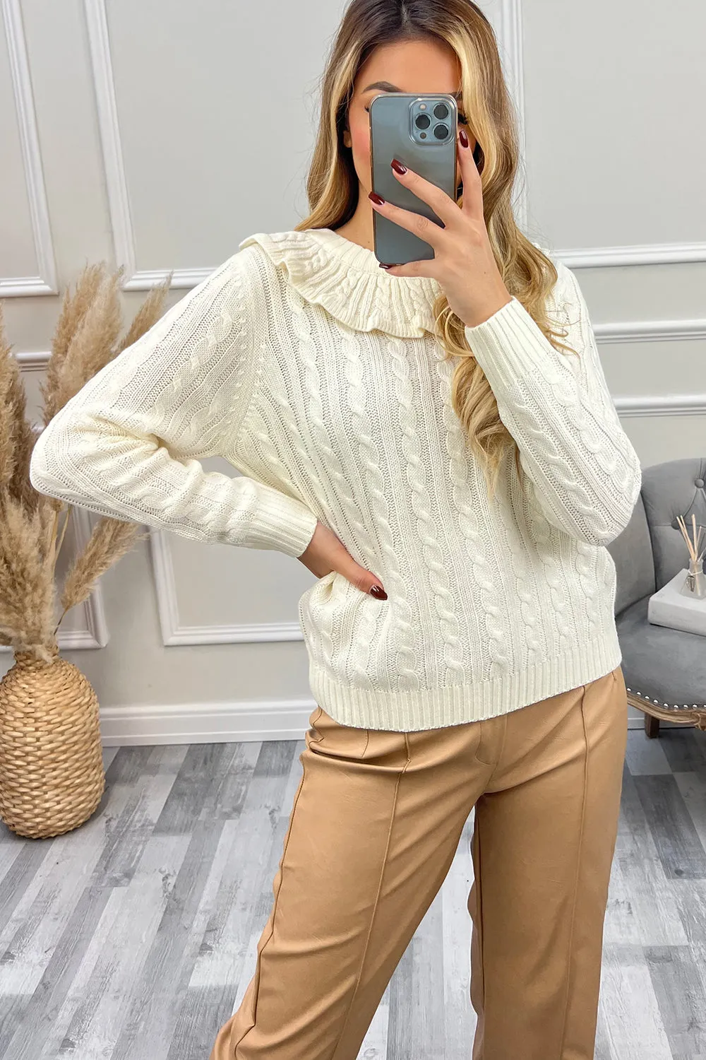 Connie Cream Frill Collar Cable Knit Jumper