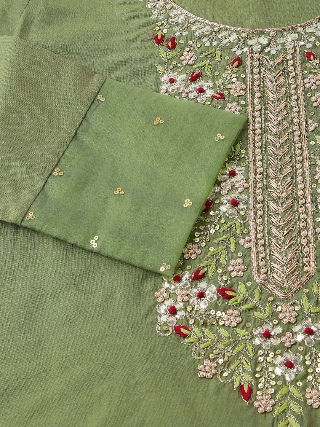 Divena Green Embroidered  Chanderi  Kurta, Trouser With Dupatta