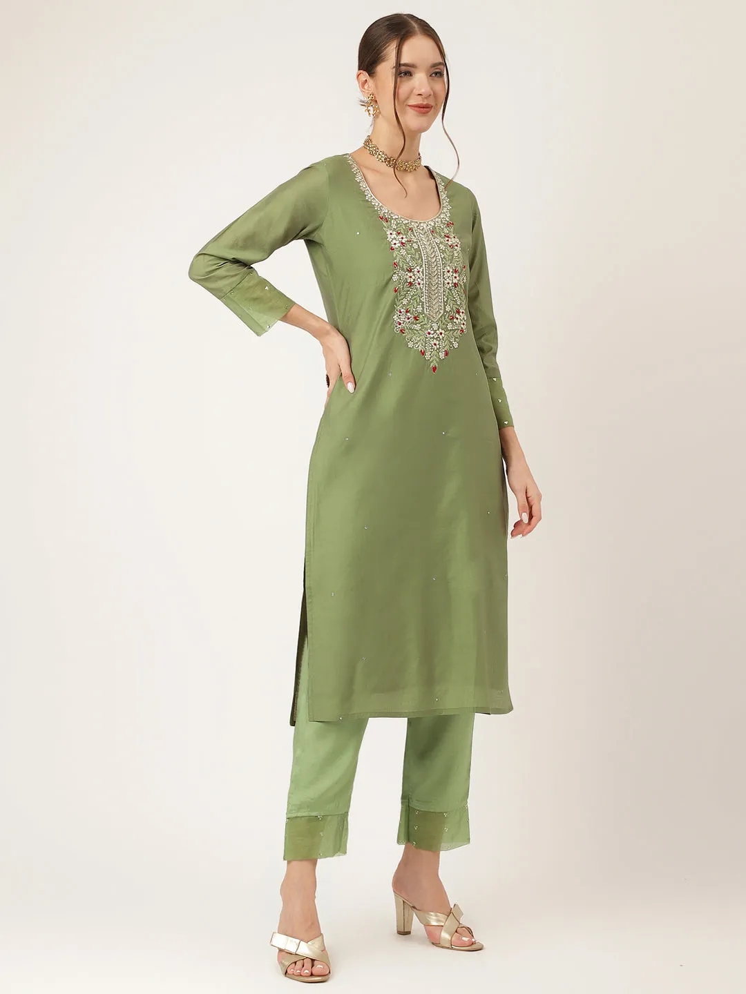 Divena Green Embroidered  Chanderi  Kurta, Trouser With Dupatta