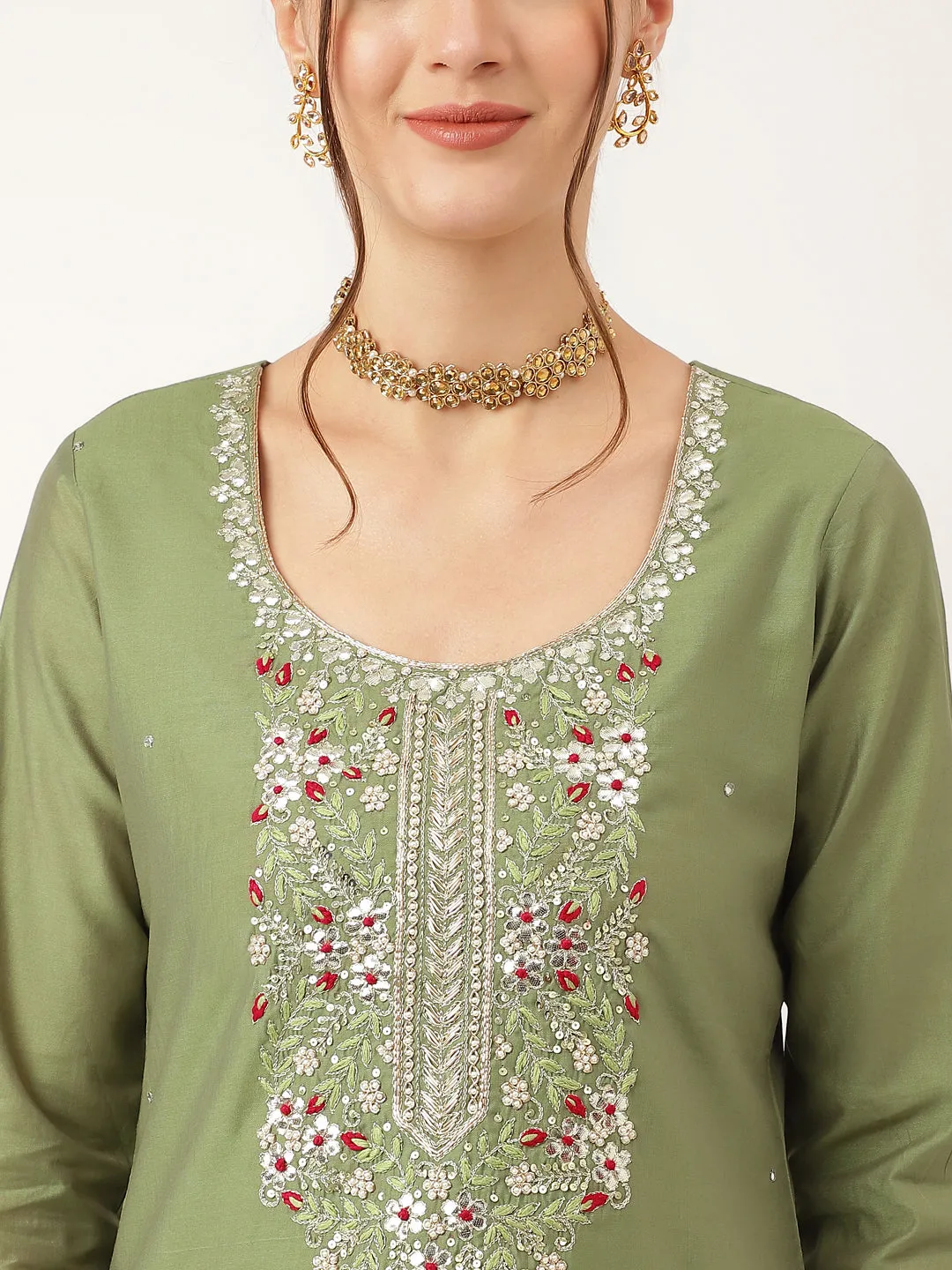 Divena Green Embroidered  Chanderi  Kurta, Trouser With Dupatta