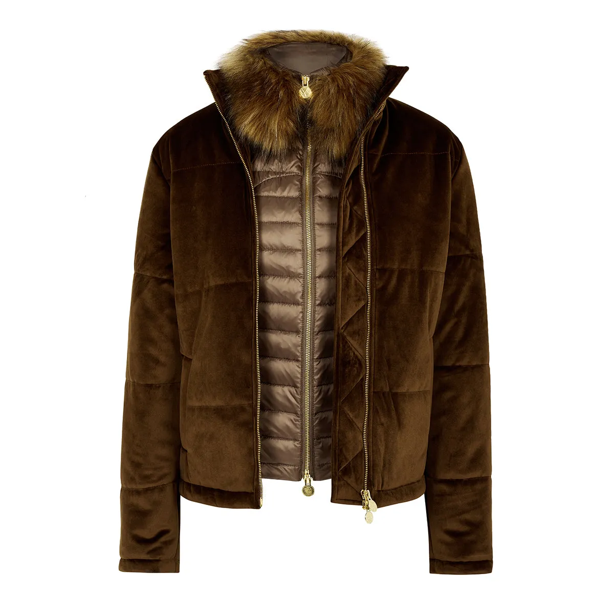 Ella Velvet Puffer Jacket - Brown