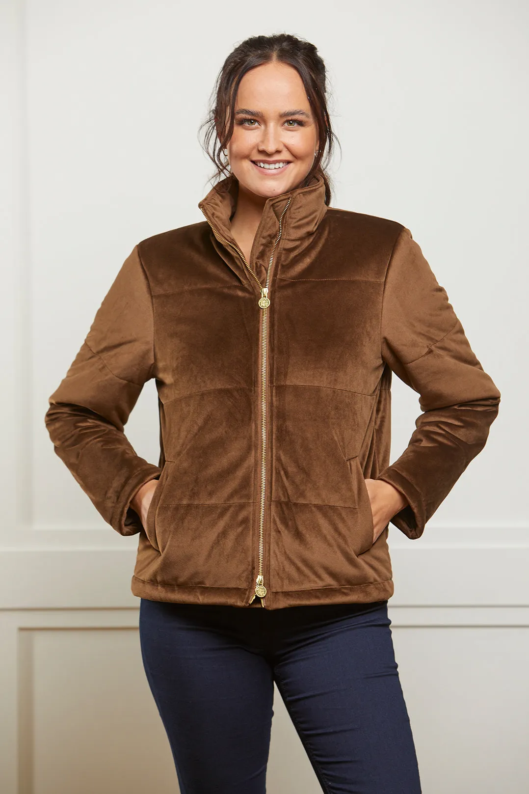 Ella Velvet Puffer Jacket - Brown