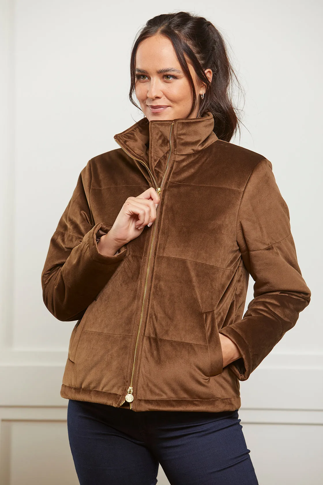 Ella Velvet Puffer Jacket - Brown