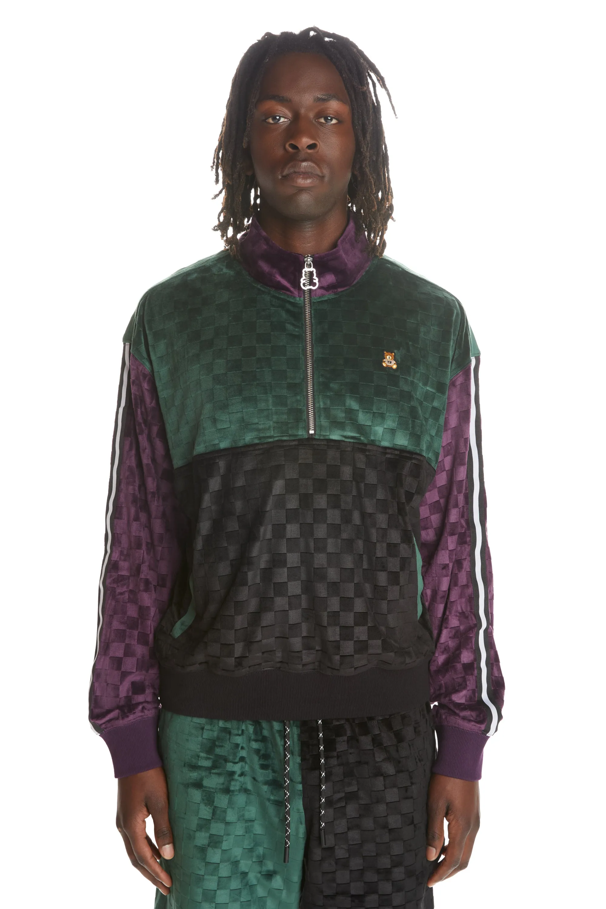 Embossed Checker Velour Zip Funnel Neck