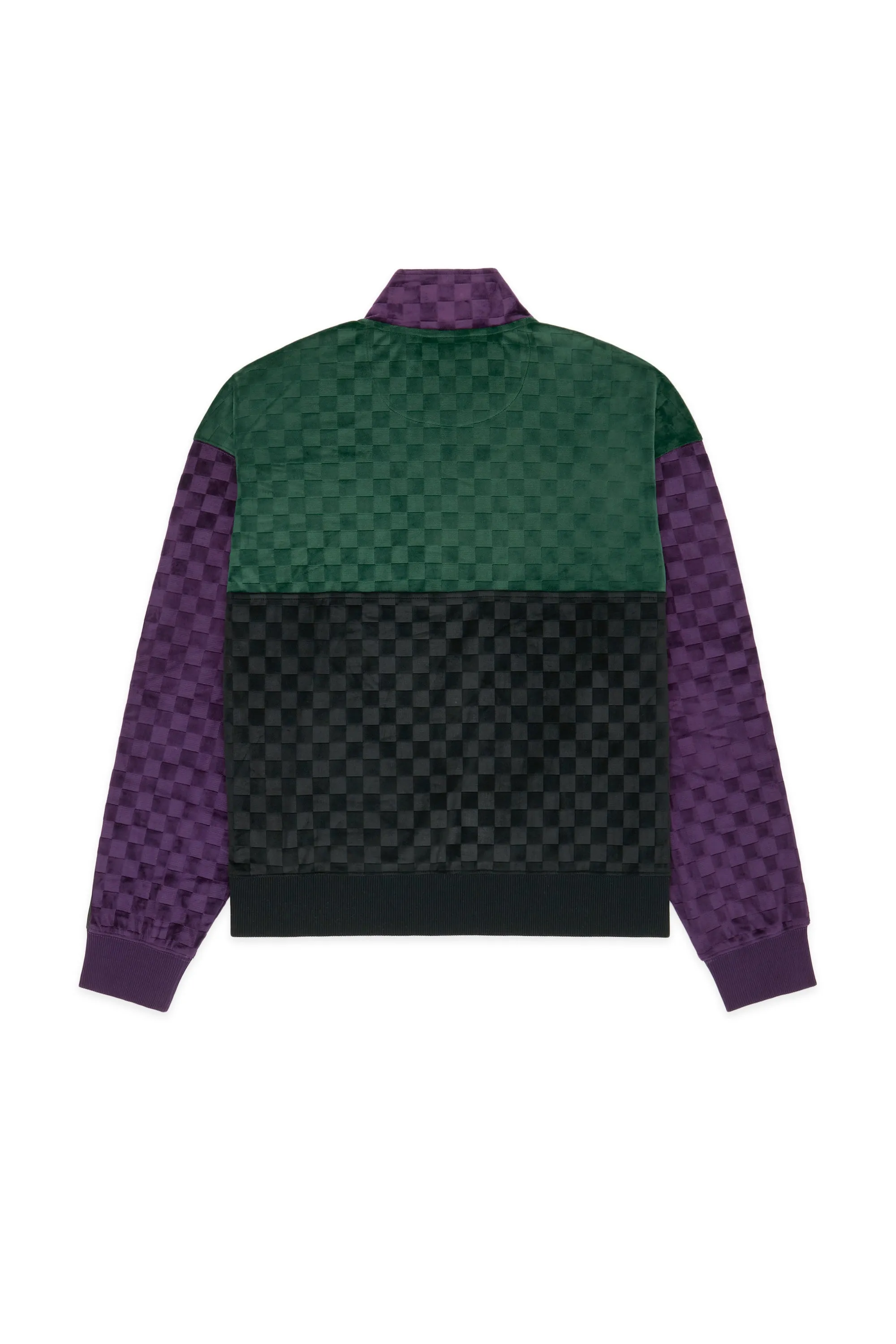 Embossed Checker Velour Zip Funnel Neck