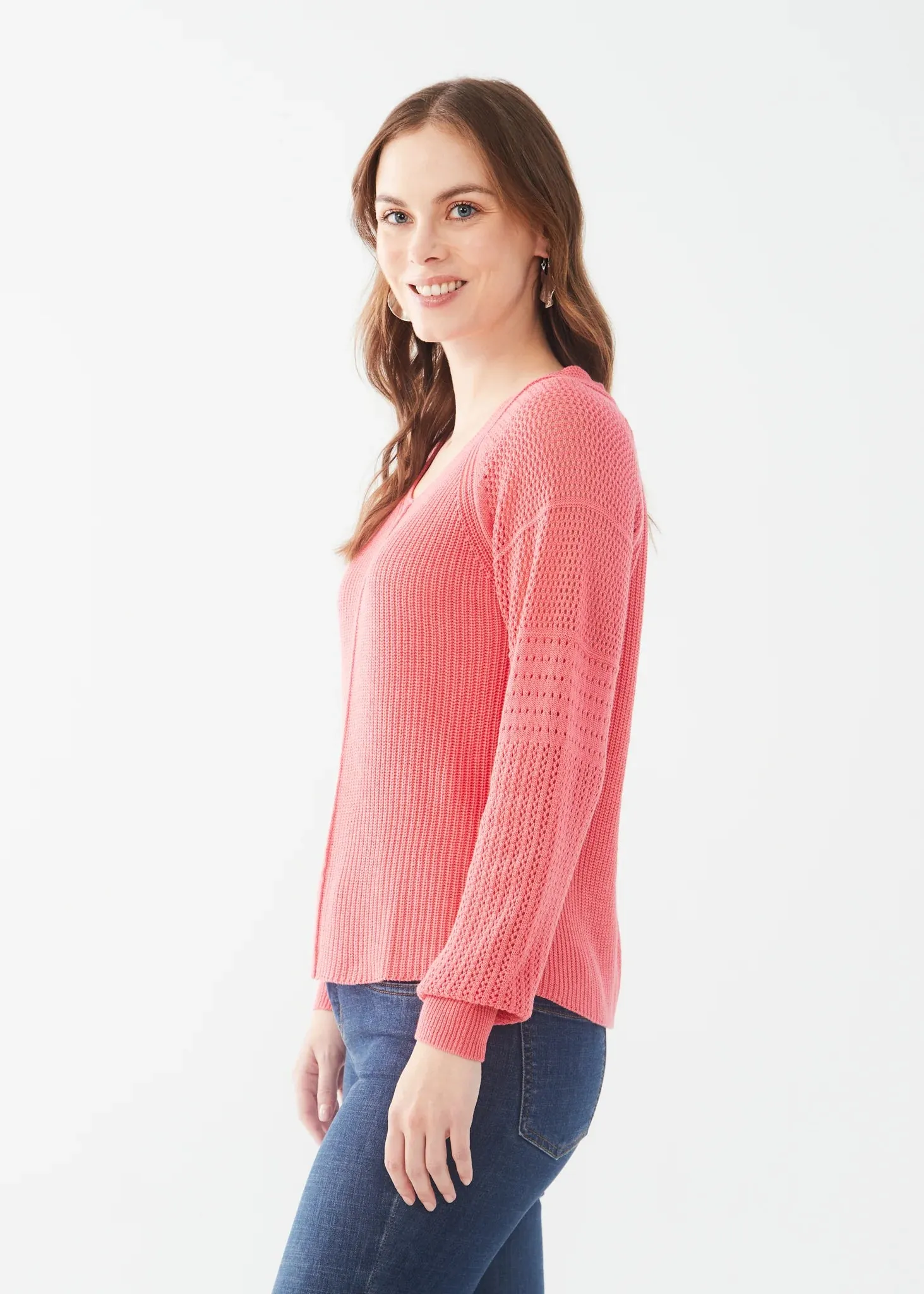 FDJ Pointelle Sleeve V Neck Sweater  | Flamingo Pink