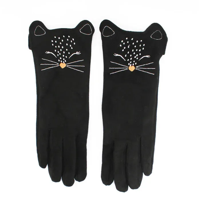 Feline Black Cat Embroidered Gloves