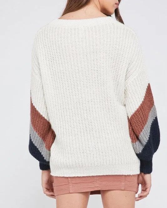 Final Sale - Colorblock Sleeved Chunky Knit V-Neck Sweater - Ivory/Brick