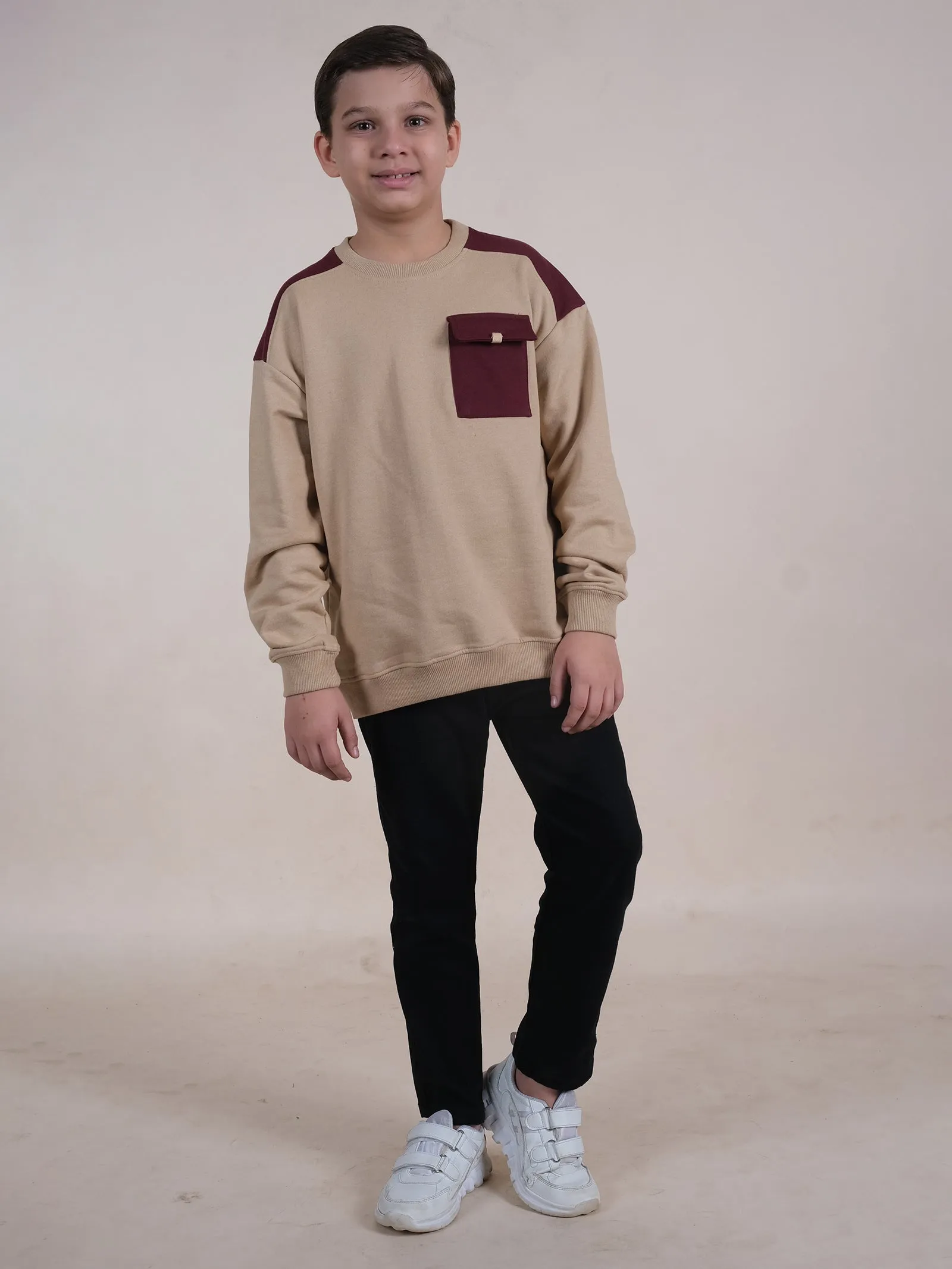 Fleece Drop Shoulder Colour Block Cut & Sew Sweatshirt With Pocket