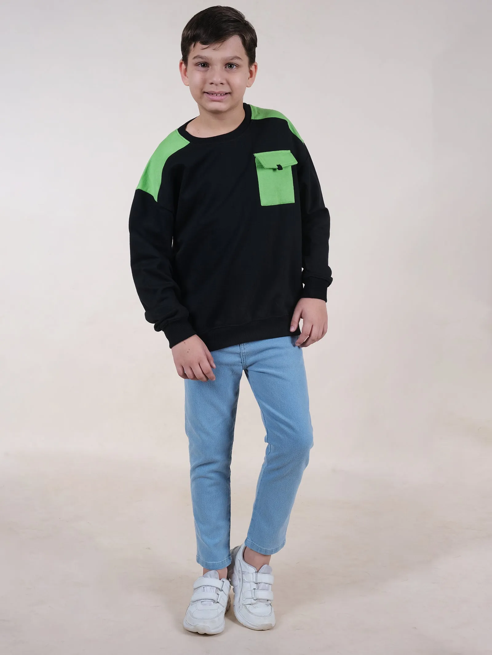 Fleece Drop Shoulder Colour Block Cut & Sew Sweatshirt With Pocket