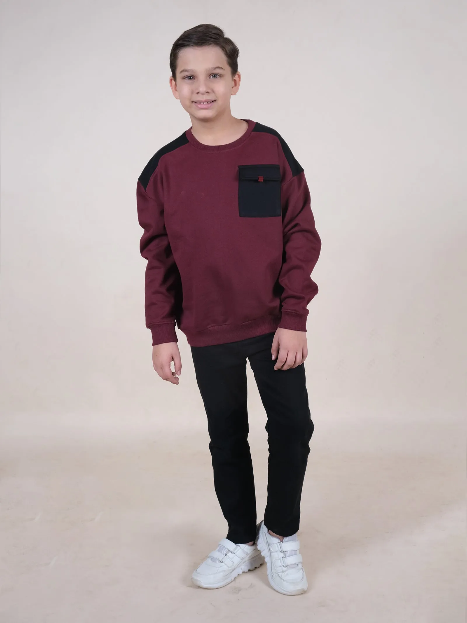 Fleece Drop Shoulder Colour Block Cut & Sew Sweatshirt With Pocket