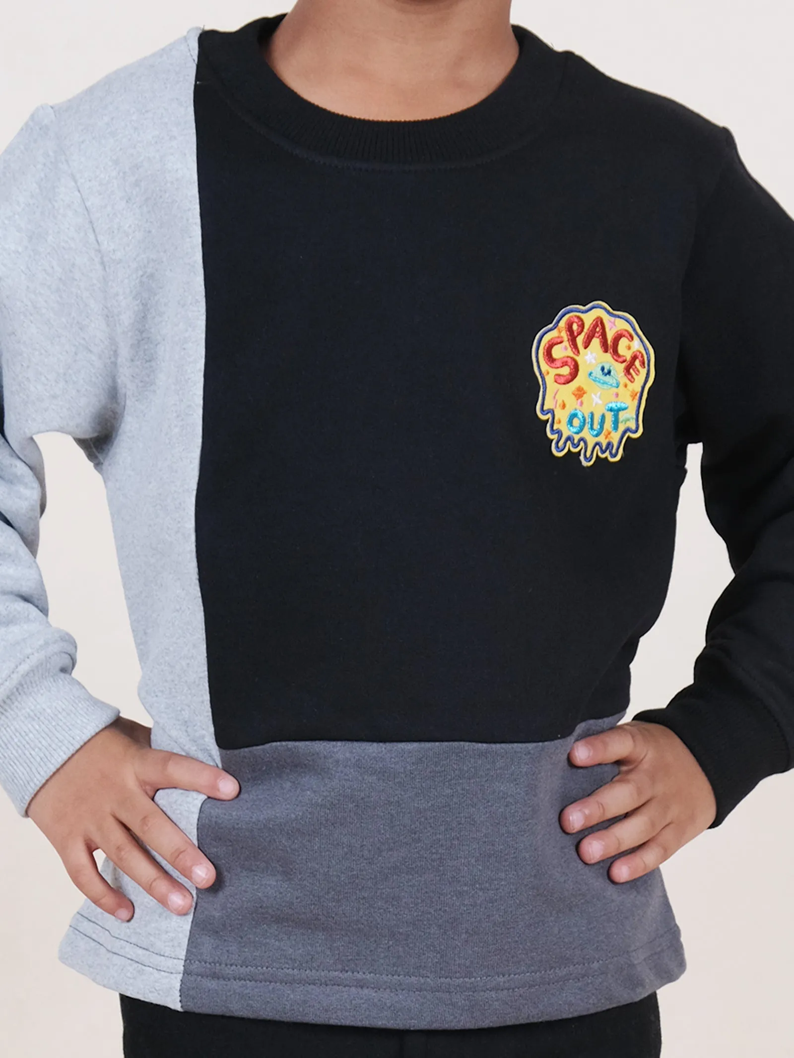 Fleece Full Sleeves Colour Block Cut & Sew Sweatshirt With Applique