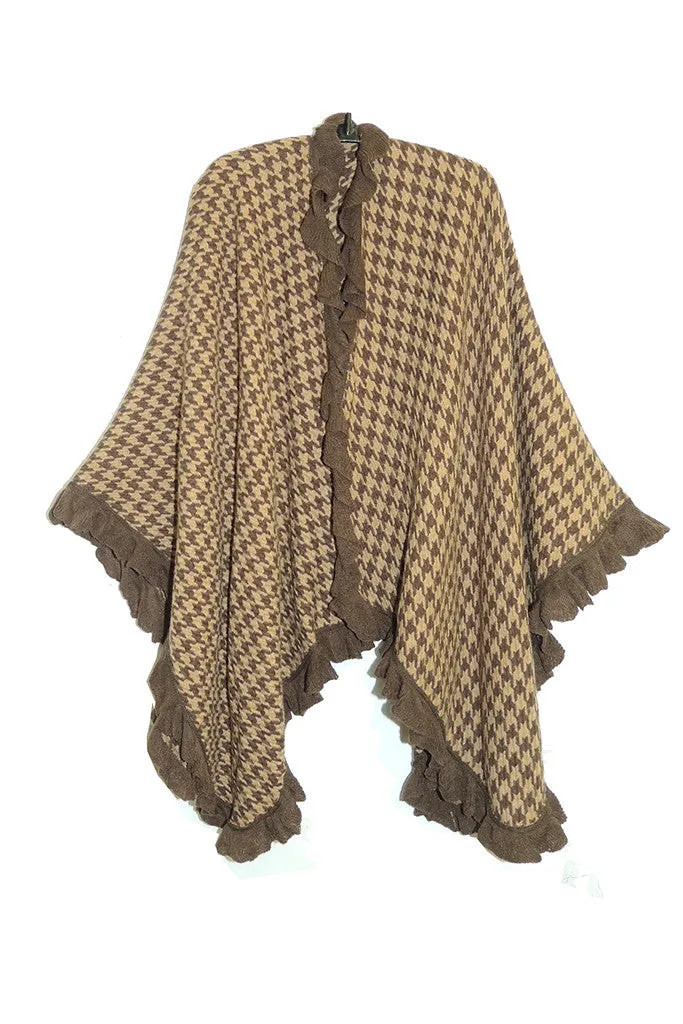 La Cera Houndstooth Split Poncho Shawl