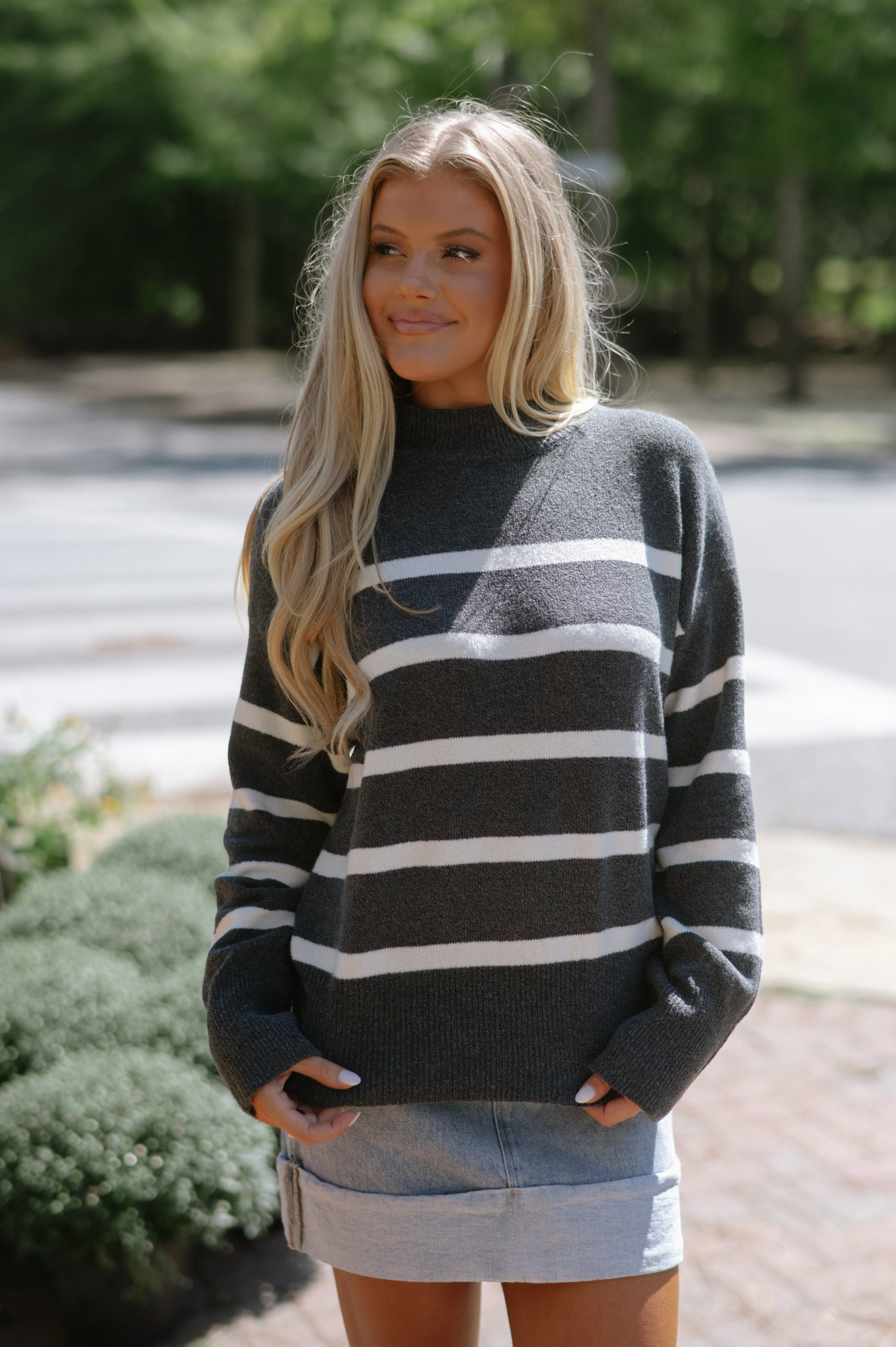 Lucy Striped Mock Neck Sweater-Charcoal