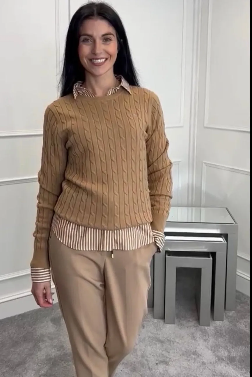 Stretch cotton cable knit sweater Camel