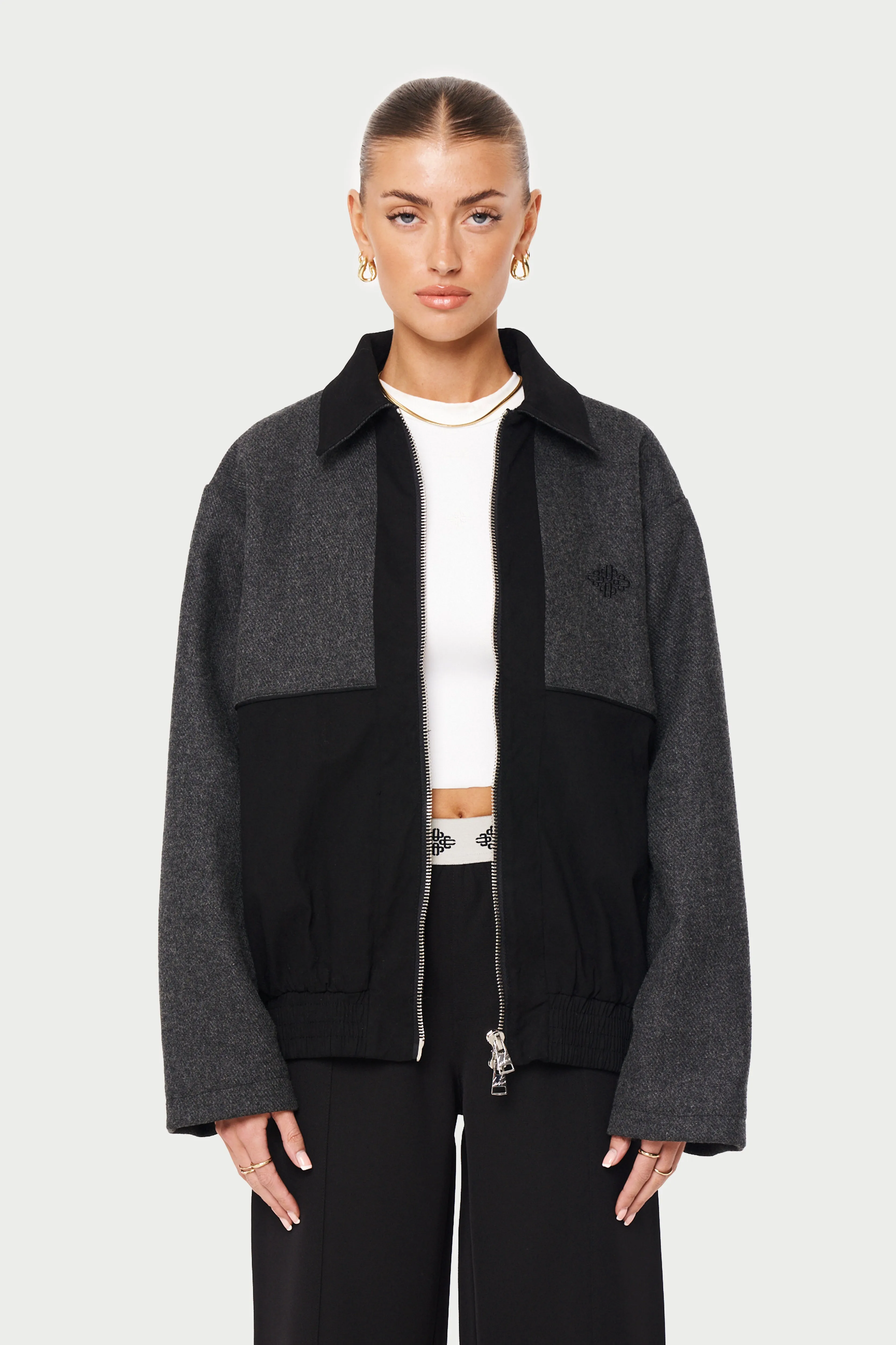 TWEED PANELLED BOMBER JACKET - GREY