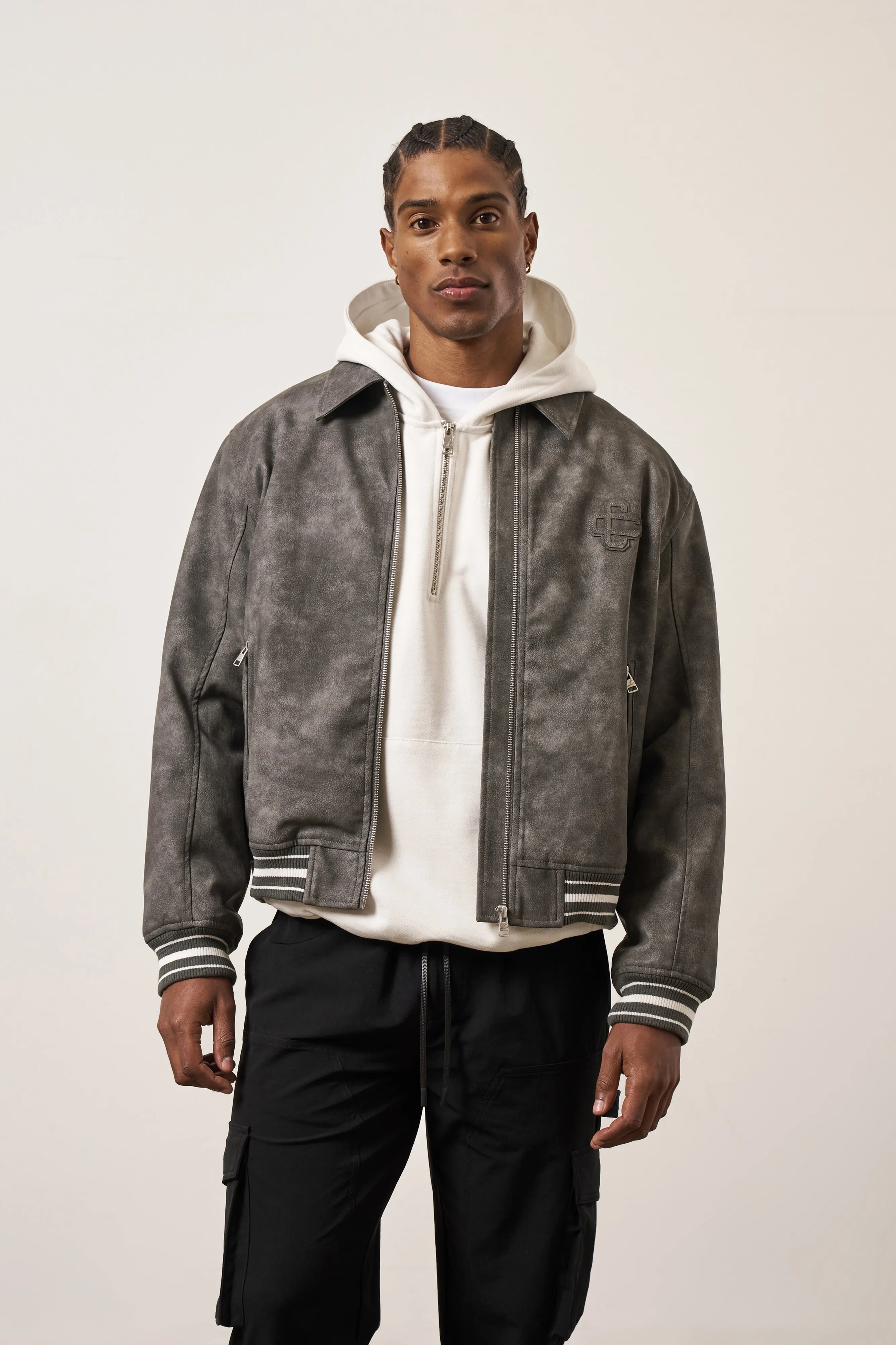 VINTAGE LOOK FAUX LEATHER BOMBER JACKET - GREY