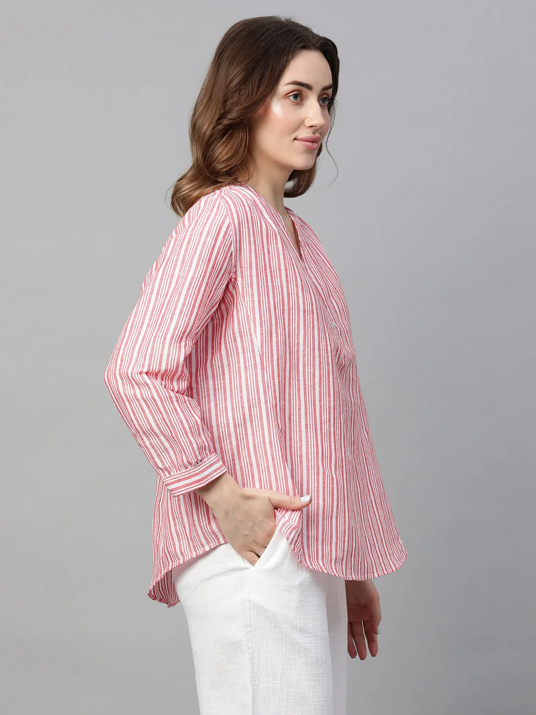 Women's Red Linen Regular Fit Blouse